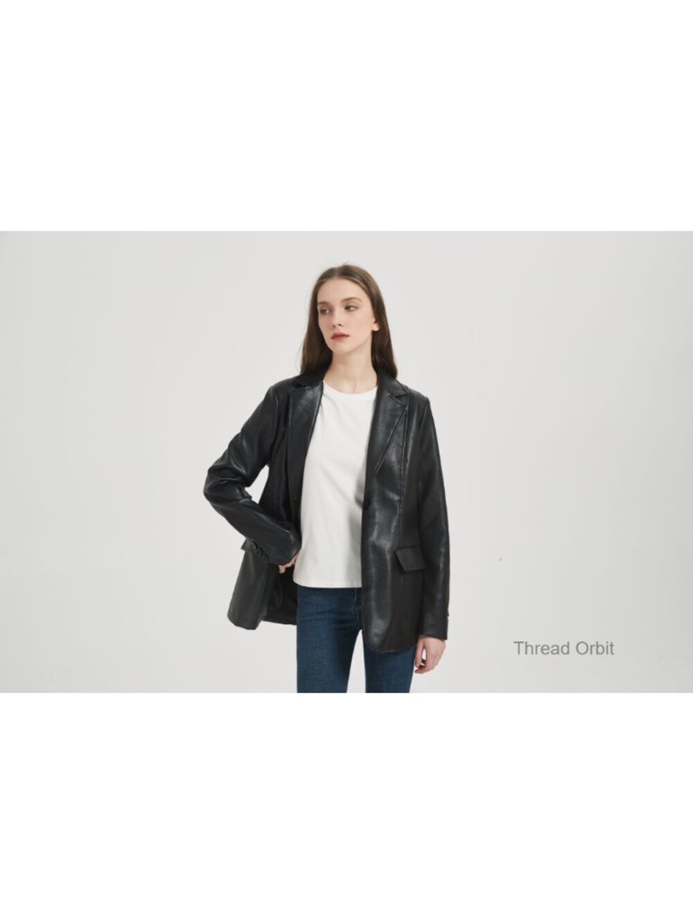 Faux Leather Blazer Jacket with Removable Belt, Notched Lapel, Vegan PU Coat - Picture 6 of 6